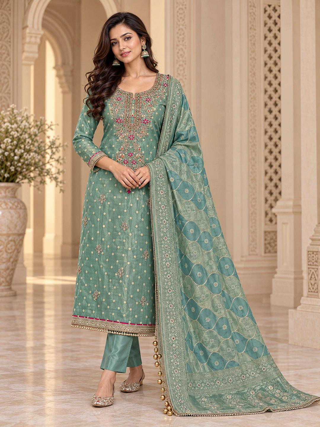 Rama Green Chanderi Embroidered Unstitched Dress Material