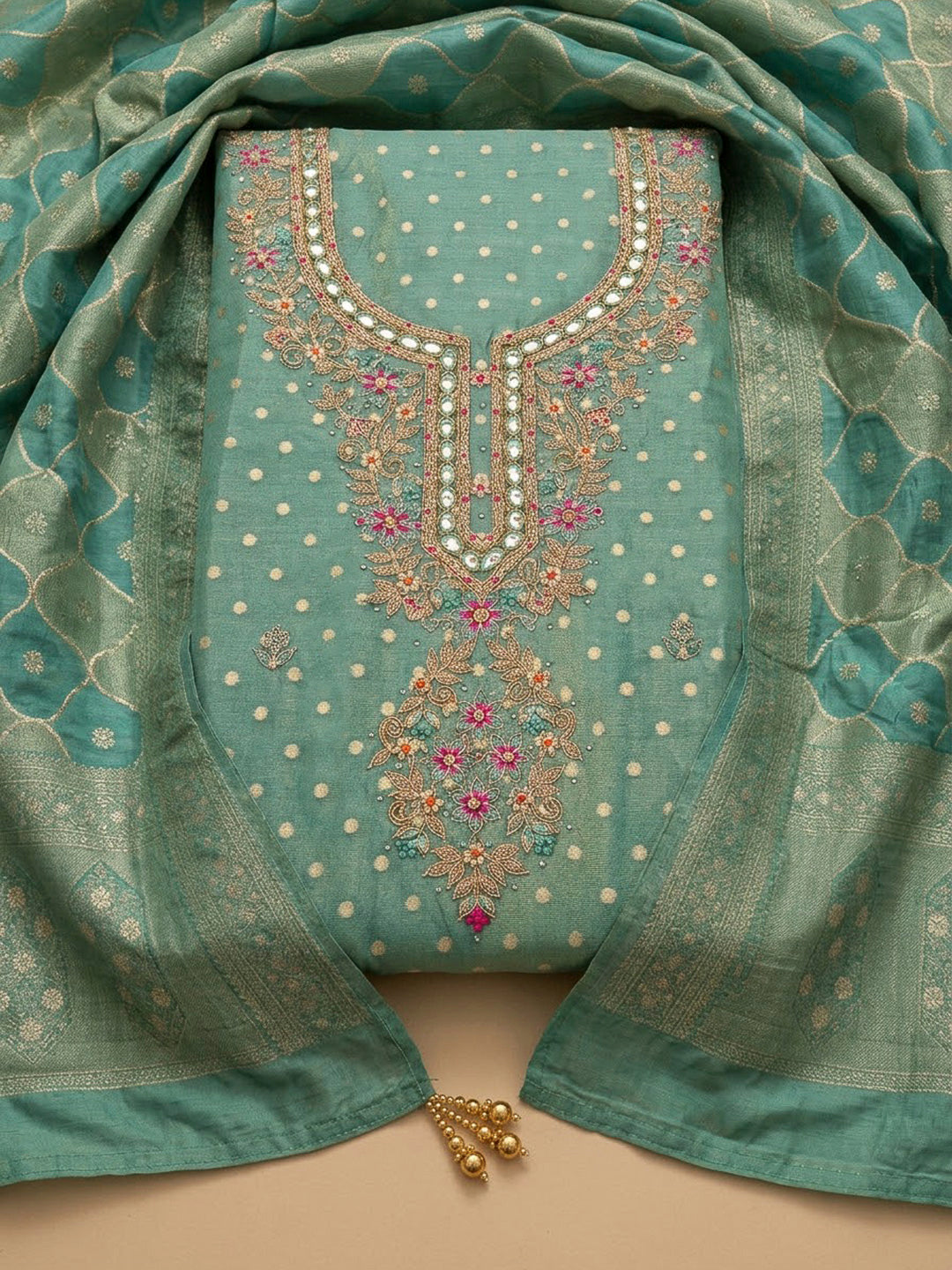Rama Green Chanderi Embroidered Unstitched Dress Material