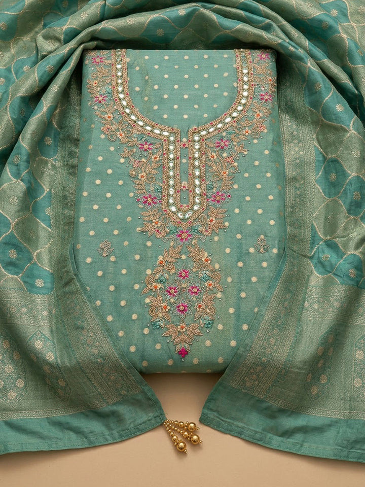 Rama Green Chanderi Embroidered Unstitched Dress Material