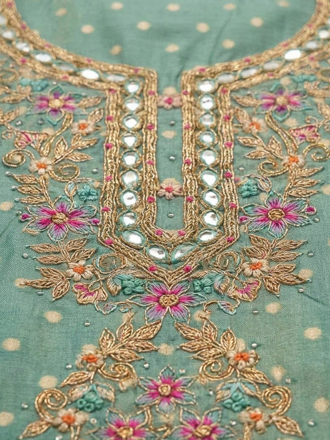 Rama Green Chanderi Embroidered Unstitched Dress Material