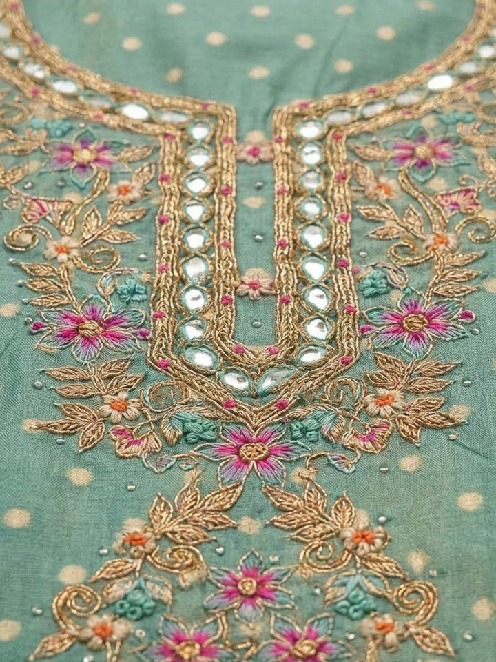 Rama Green Chanderi Embroidered Unstitched Dress Material