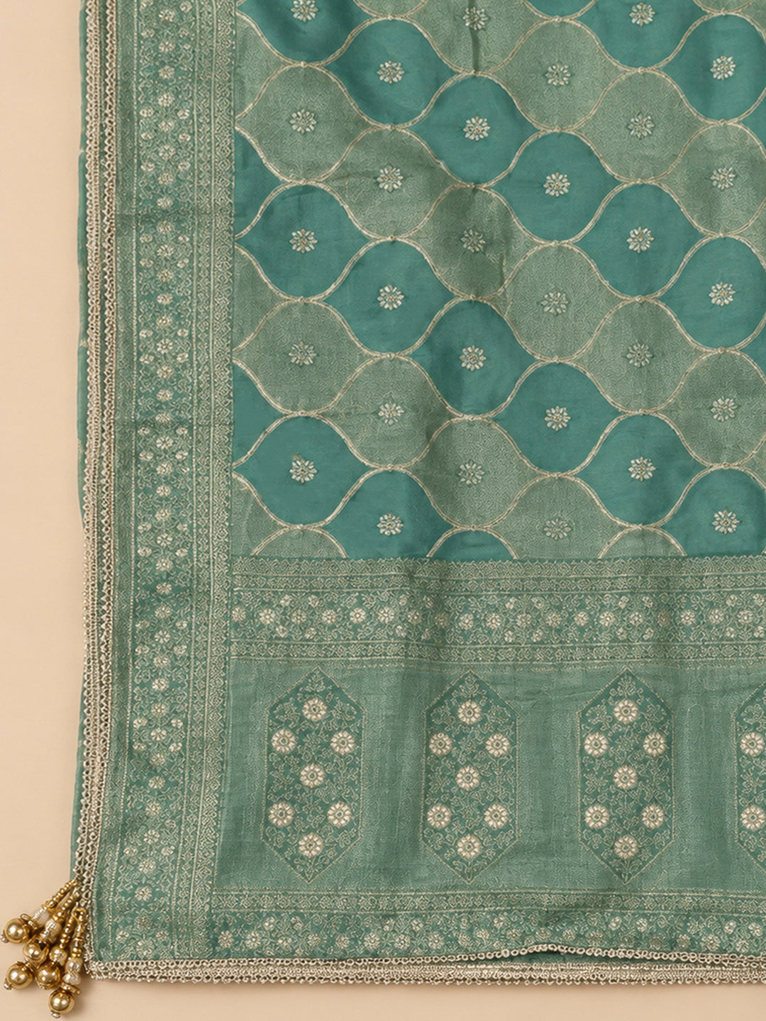 Rama Green Chanderi Embroidered Unstitched Dress Material