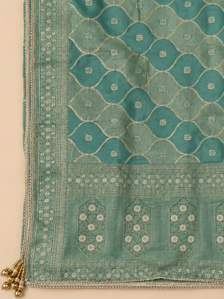 Rama Green Chanderi Embroidered Unstitched Dress Material
