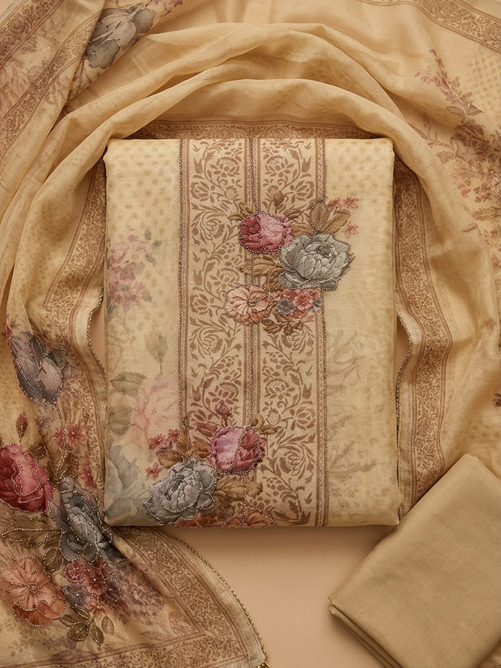 Beige Organza Printed Unstitched Dress Material