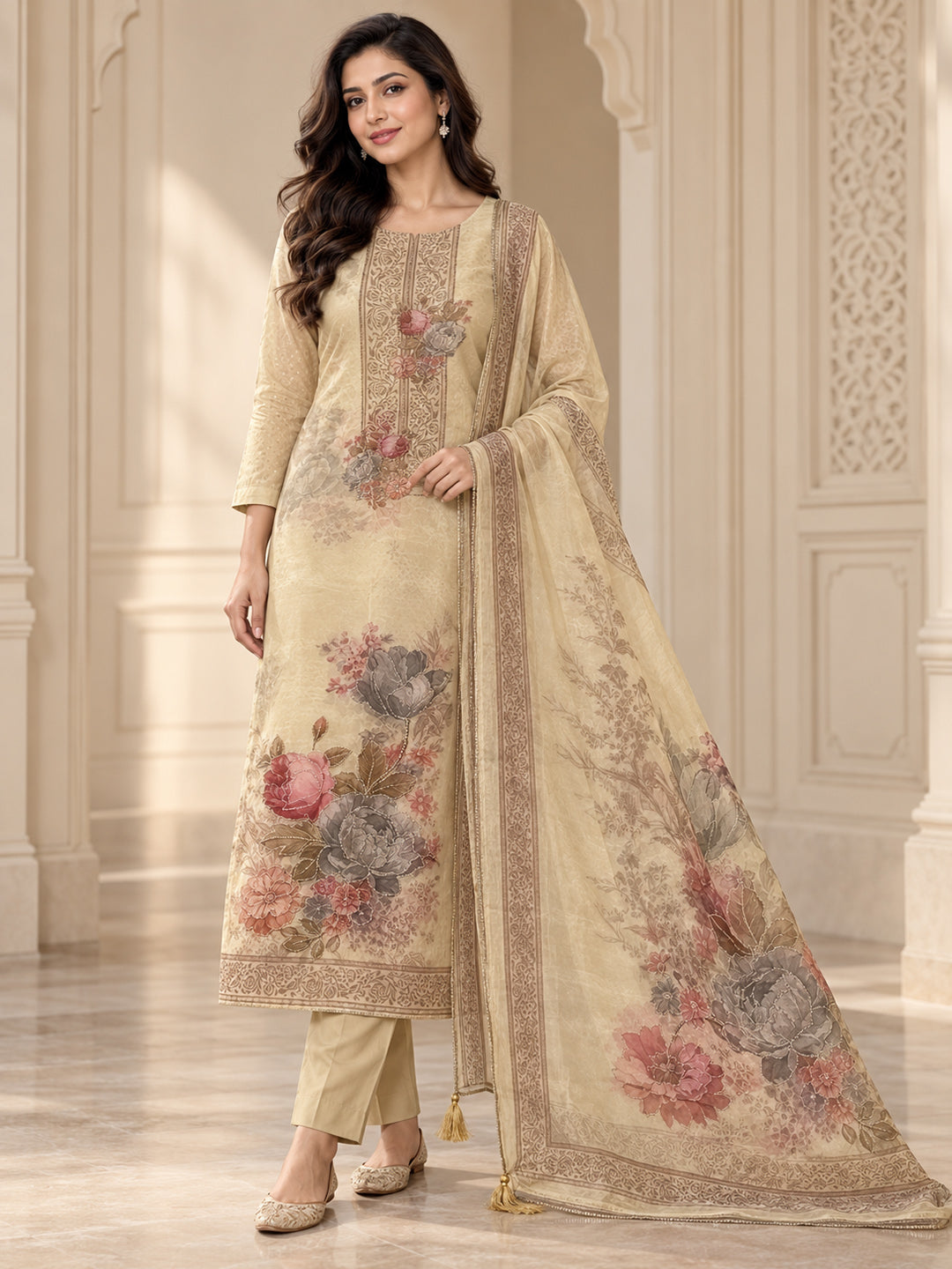 Beige Organza Printed Unstitched Dress Material