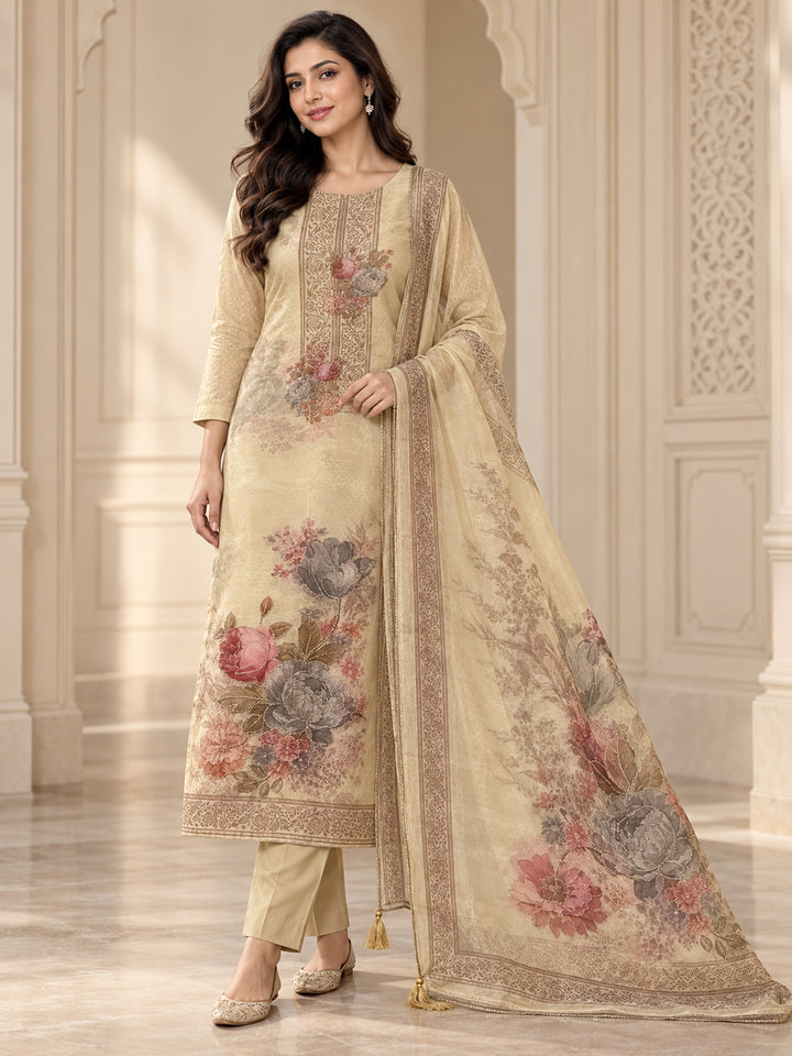 Beige Organza Printed Unstitched Dress Material