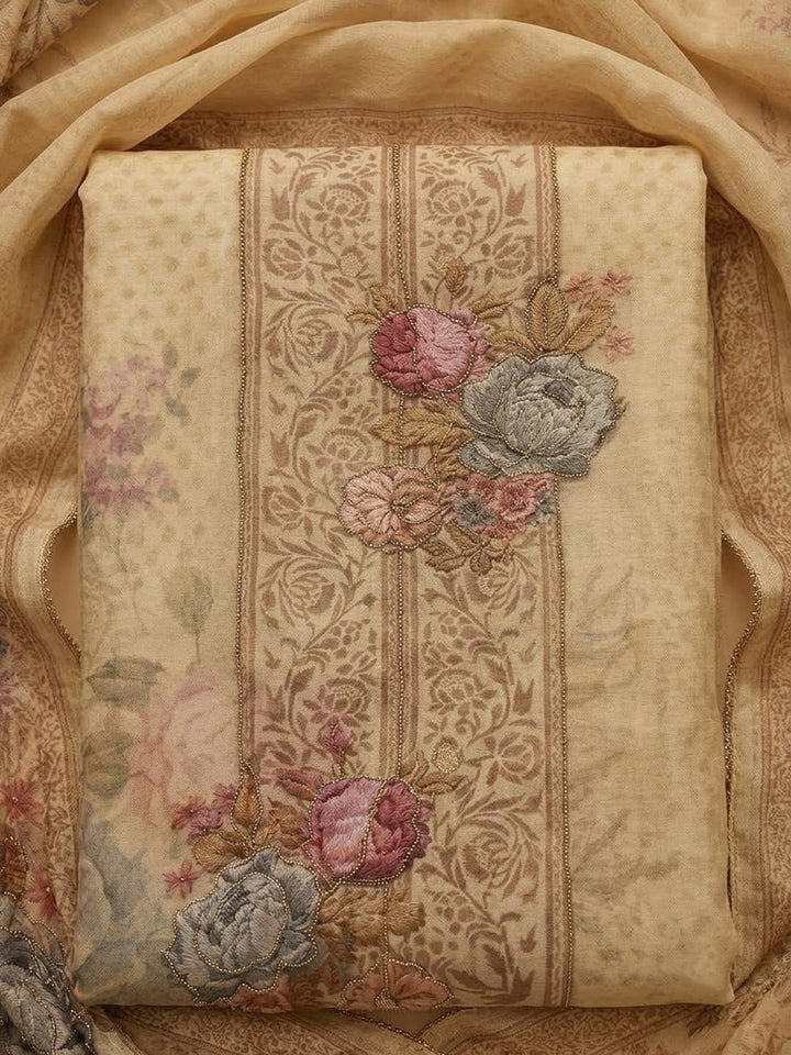 Beige Organza Printed Unstitched Dress Material
