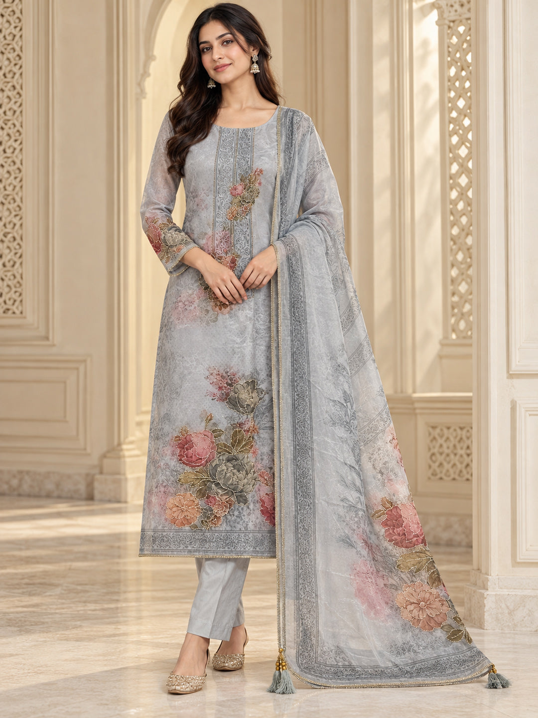 Grey Organza Printed Unstitched Dress Material