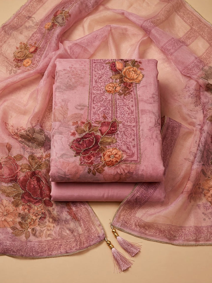 Onion Pink Organza Printed Unstitched Dress Material