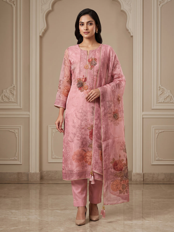 Onion Pink Organza Printed Unstitched Dress Material