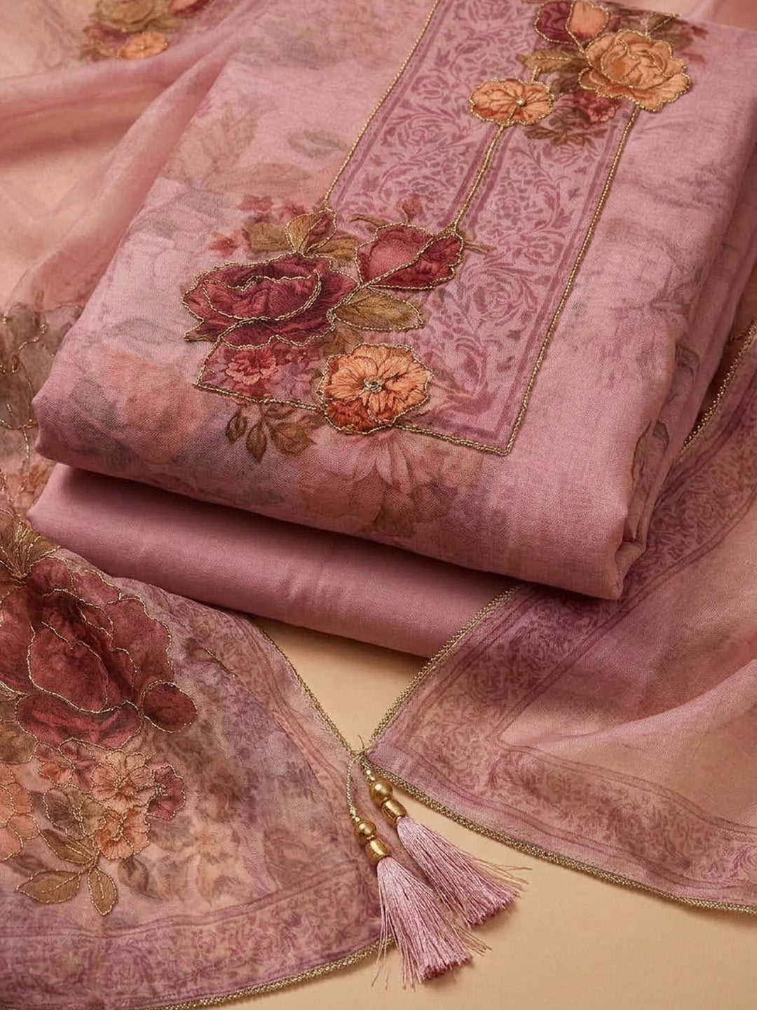Onion Pink Organza Printed Unstitched Dress Material