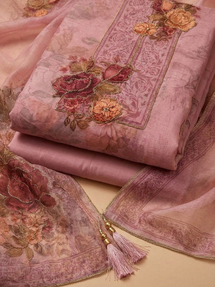 Onion Pink Organza Printed Unstitched Dress Material