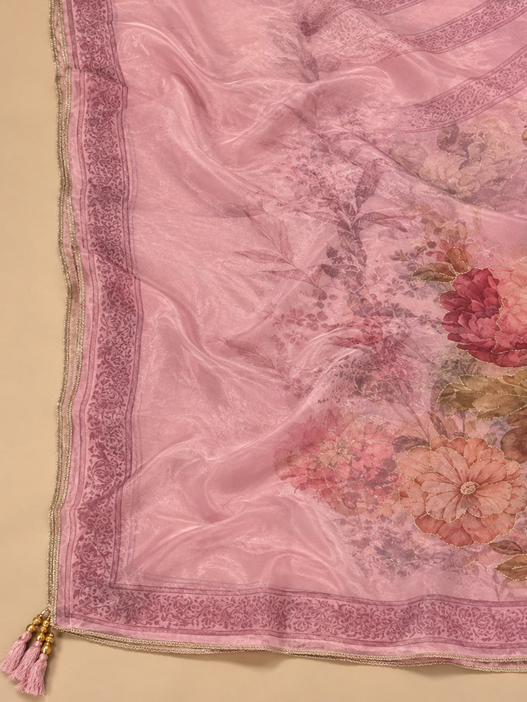 Onion Pink Organza Printed Unstitched Dress Material