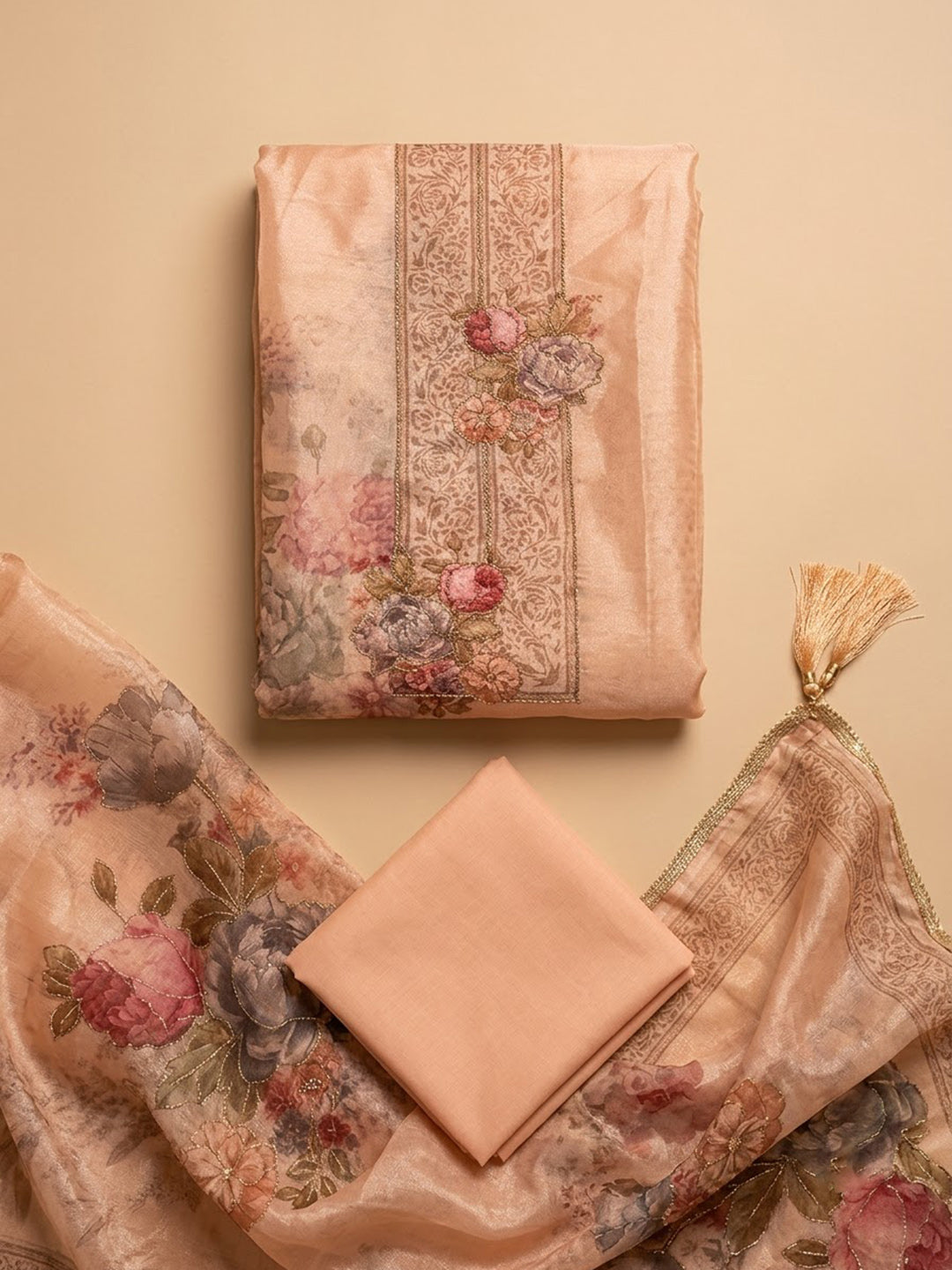 Peach Organza Printed Unstitched Dress Material