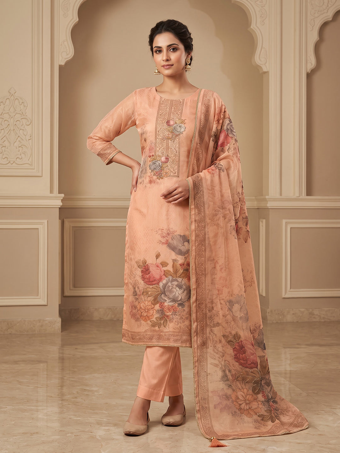 Peach Organza Printed Unstitched Dress Material
