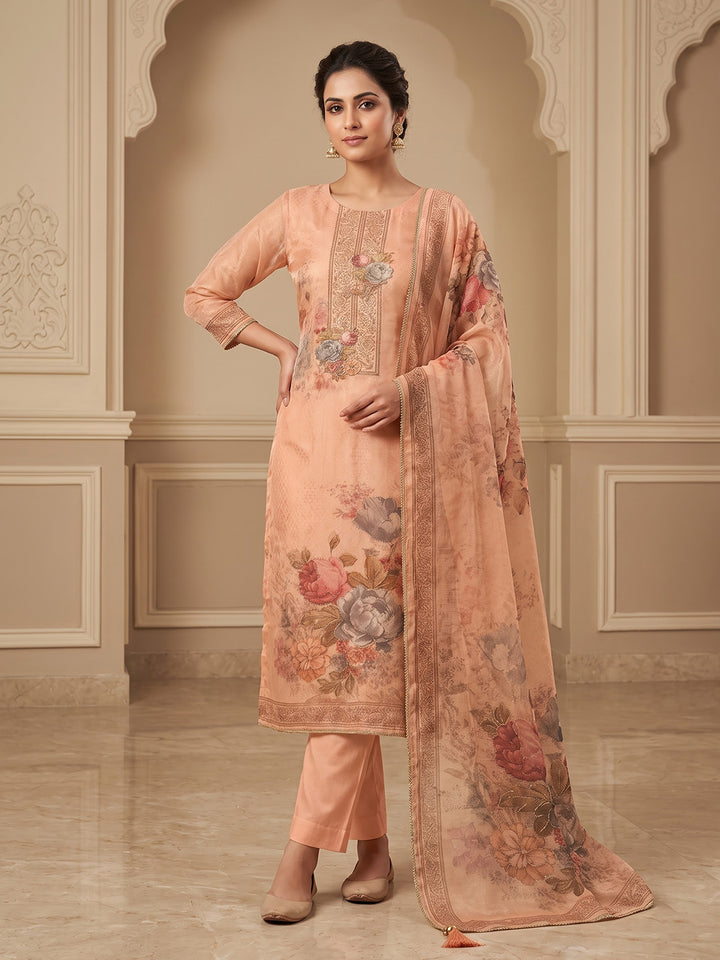 Peach Organza Printed Unstitched Dress Material