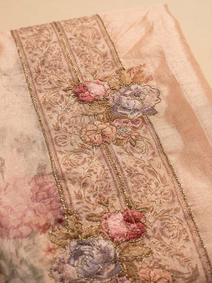 Peach Organza Printed Unstitched Dress Material