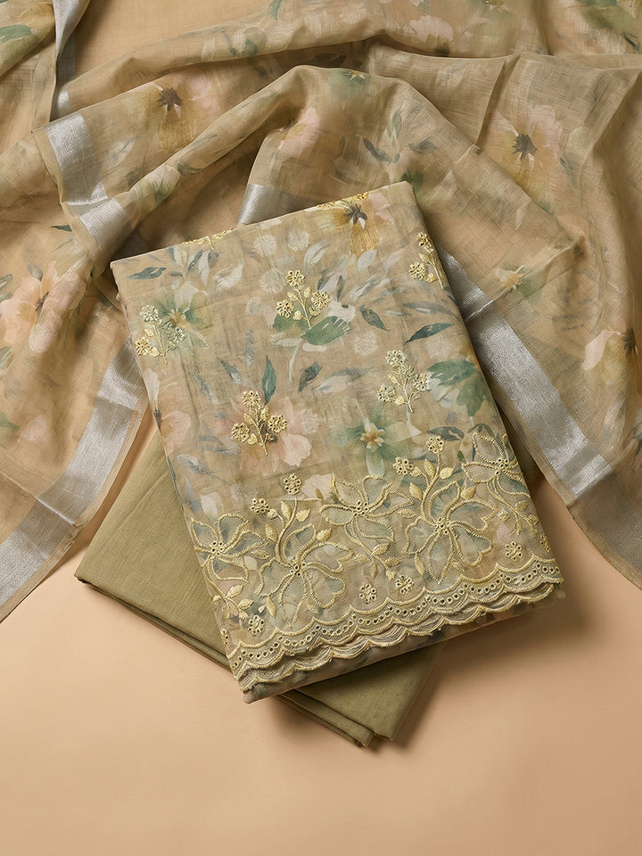 Beige Linen Blend Printed Unstitched Dress Material