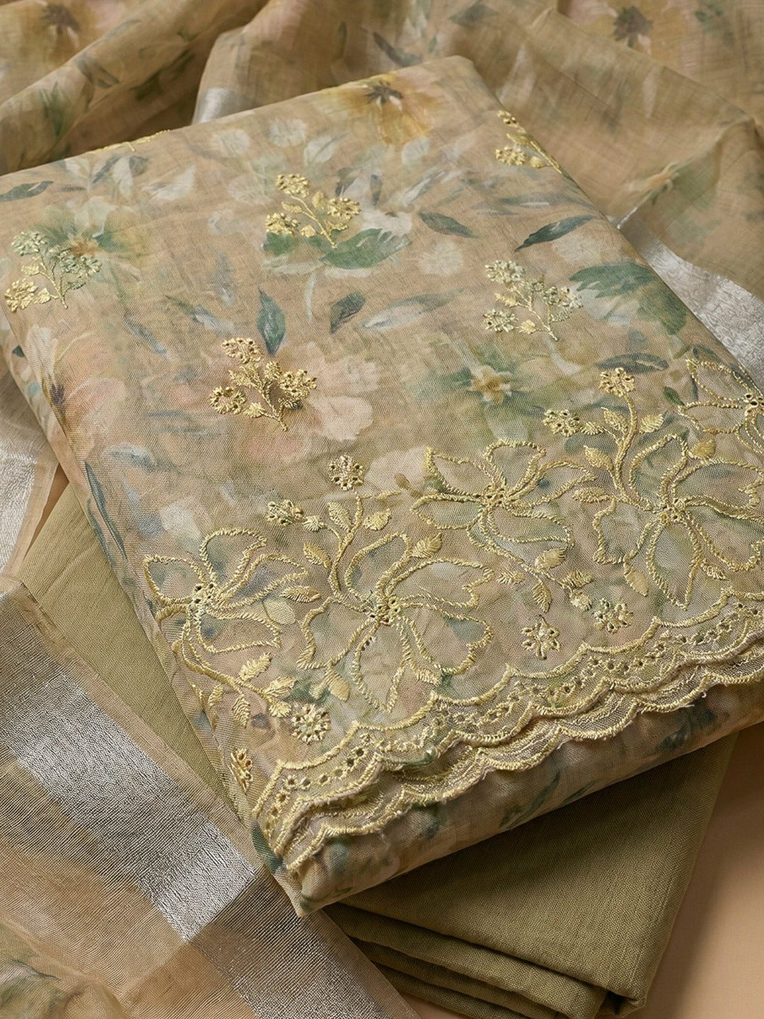 Beige Linen Blend Printed Unstitched Dress Material
