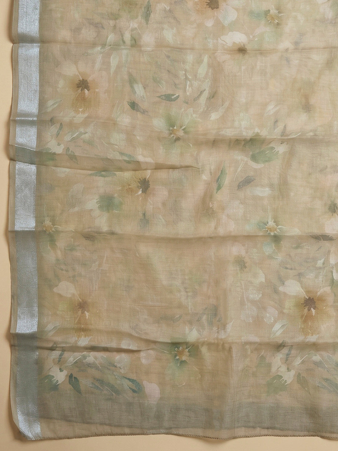 Beige Linen Blend Printed Unstitched Dress Material