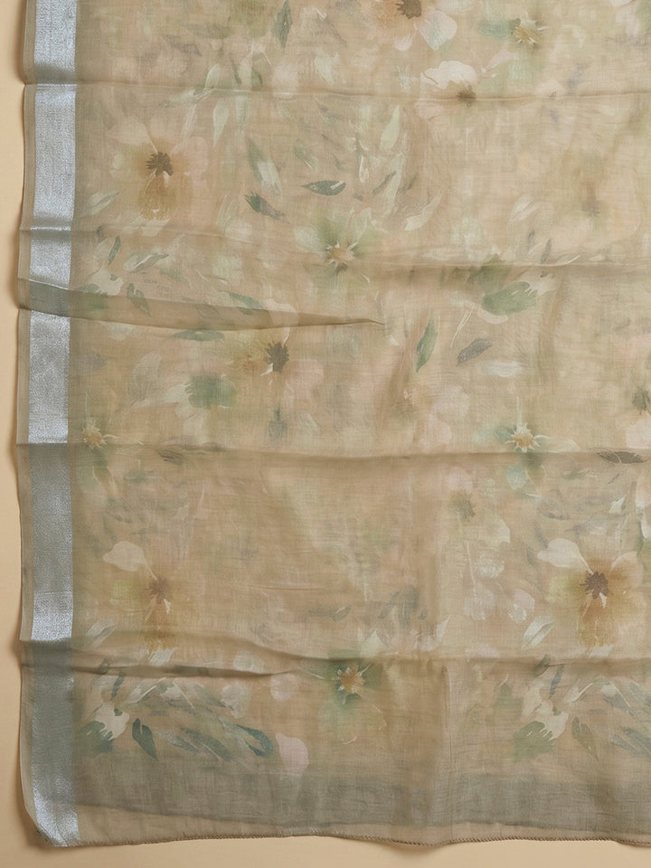 Beige Linen Blend Printed Unstitched Dress Material