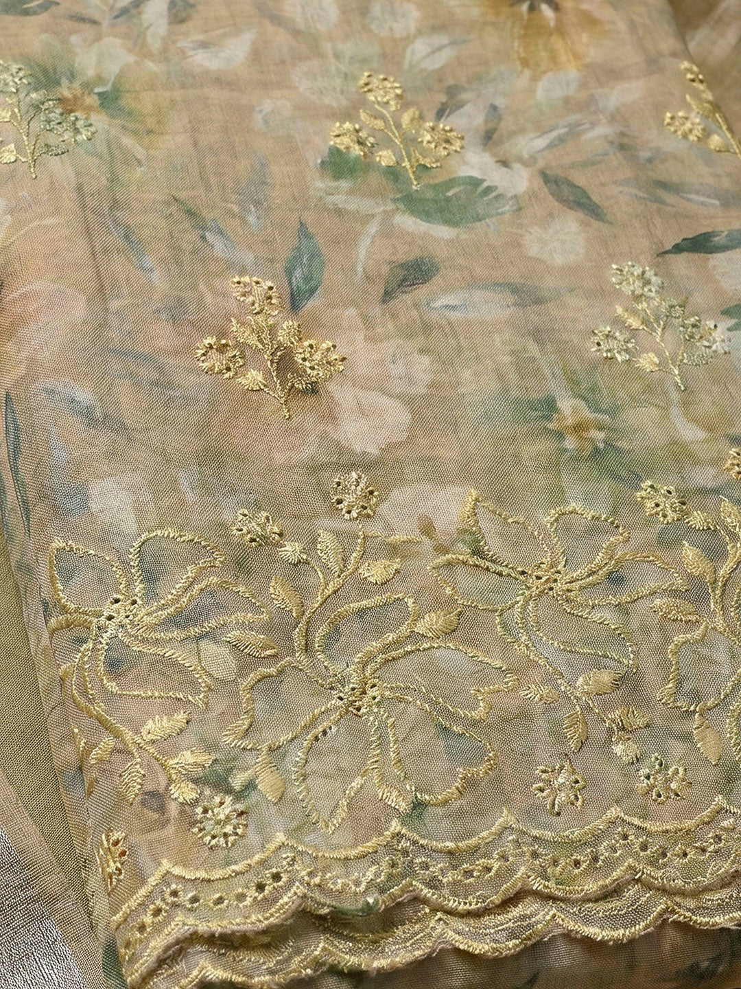 Beige Linen Blend Printed Unstitched Dress Material