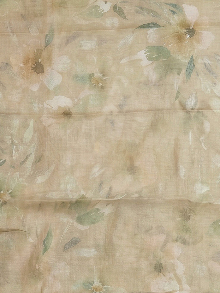 Beige Linen Blend Printed Unstitched Dress Material