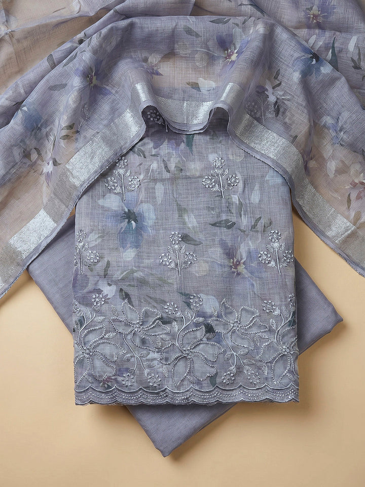 Grey Linen Blend Printed Unstitched Dress Material