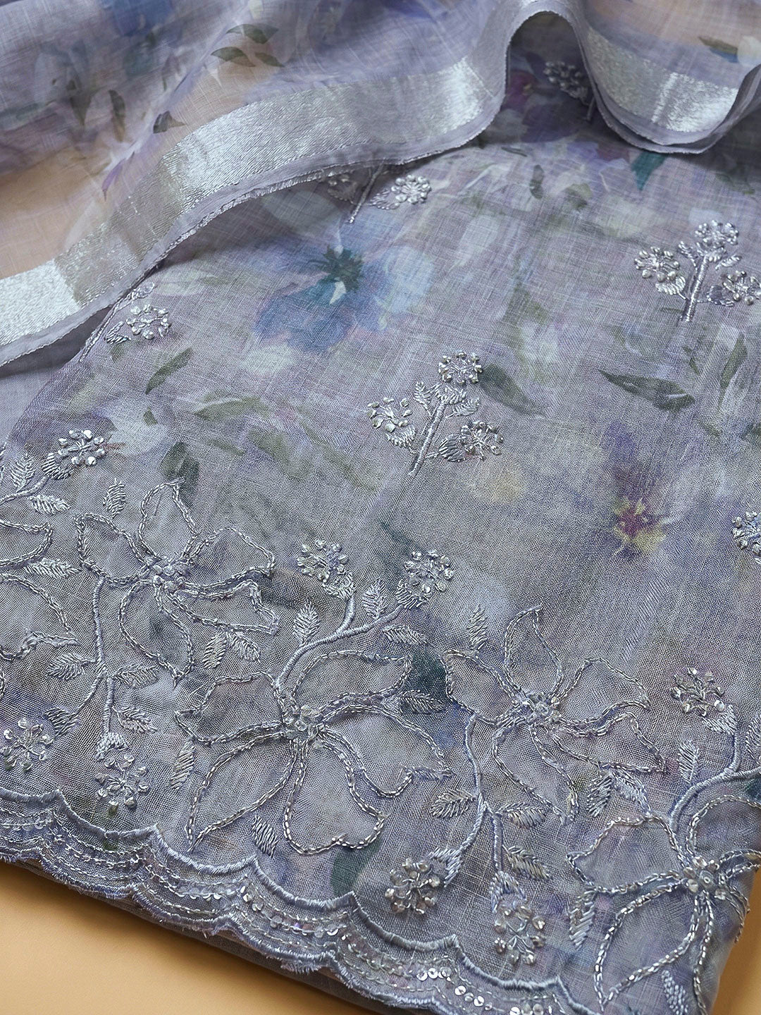 Grey Linen Blend Printed Unstitched Dress Material