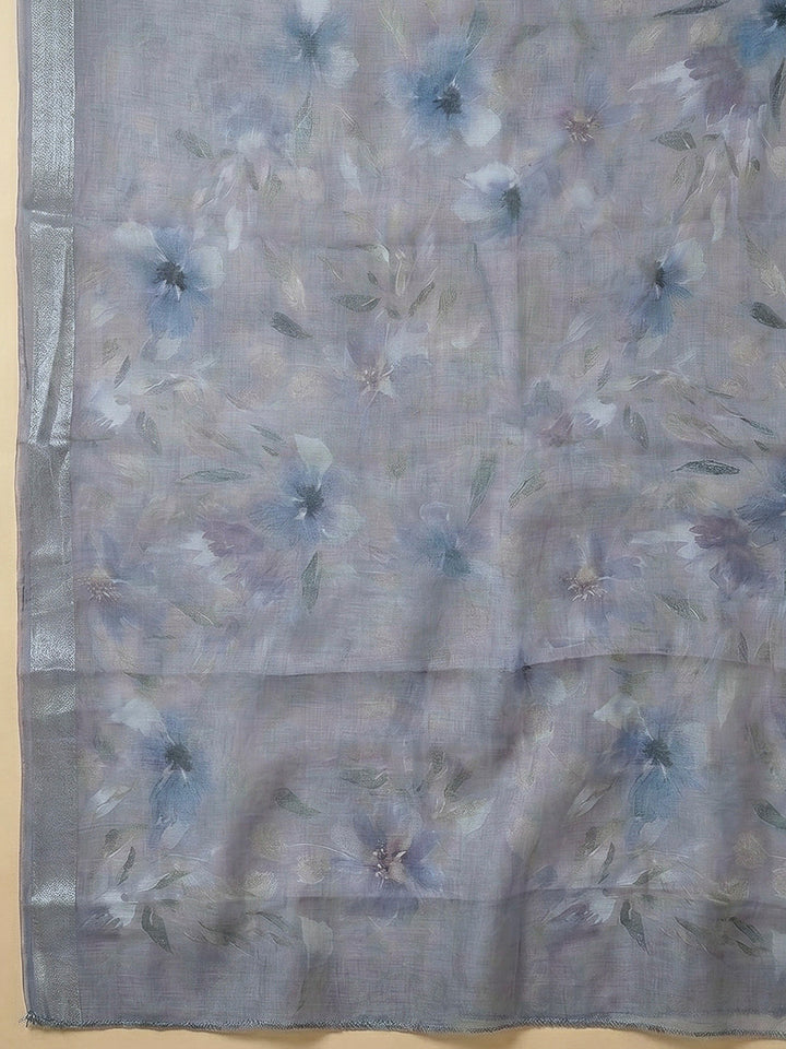 Grey Linen Blend Printed Unstitched Dress Material