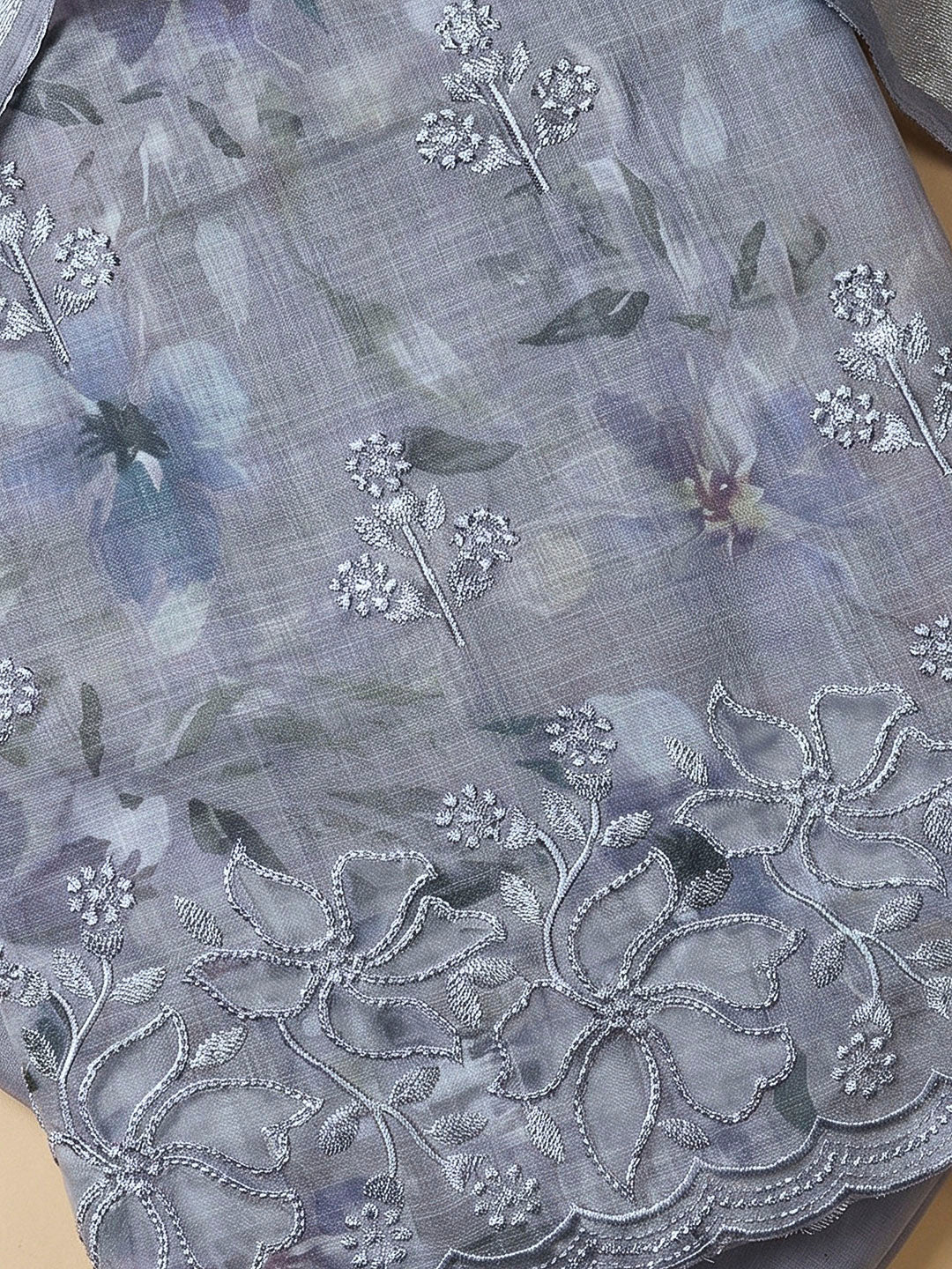 Grey Linen Blend Printed Unstitched Dress Material