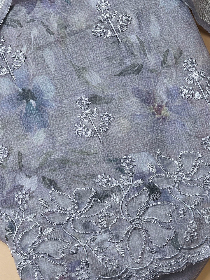 Grey Linen Blend Printed Unstitched Dress Material