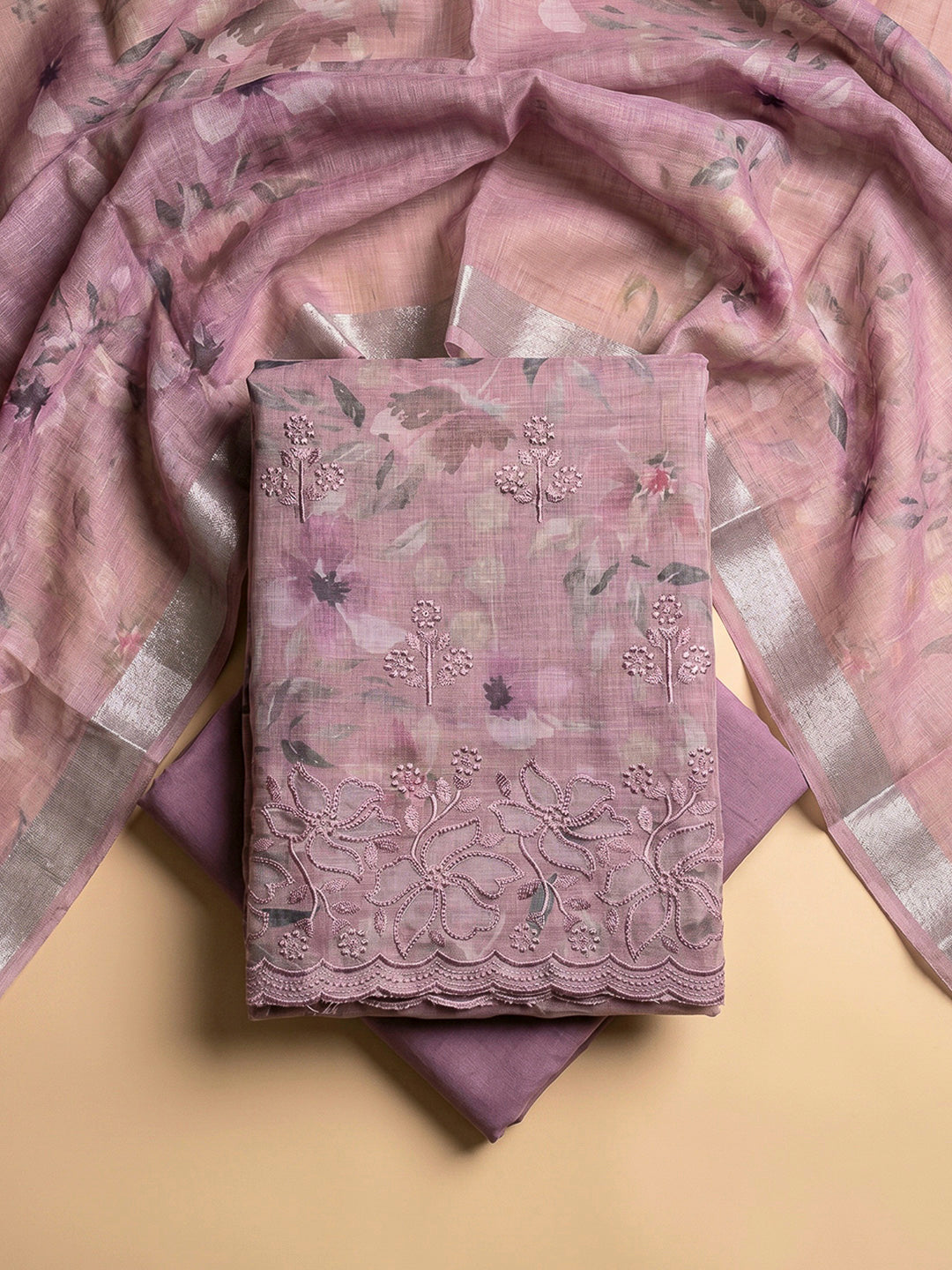 Onion Pink Linen Blend Printed Unstitched Dress Material