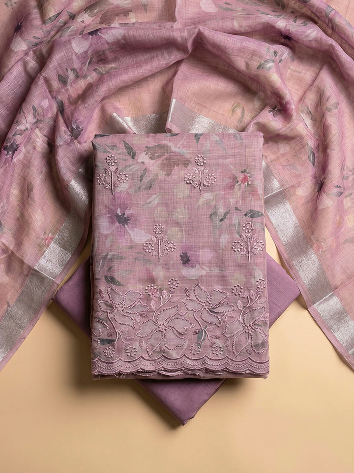 Onion Pink Linen Blend Printed Unstitched Dress Material