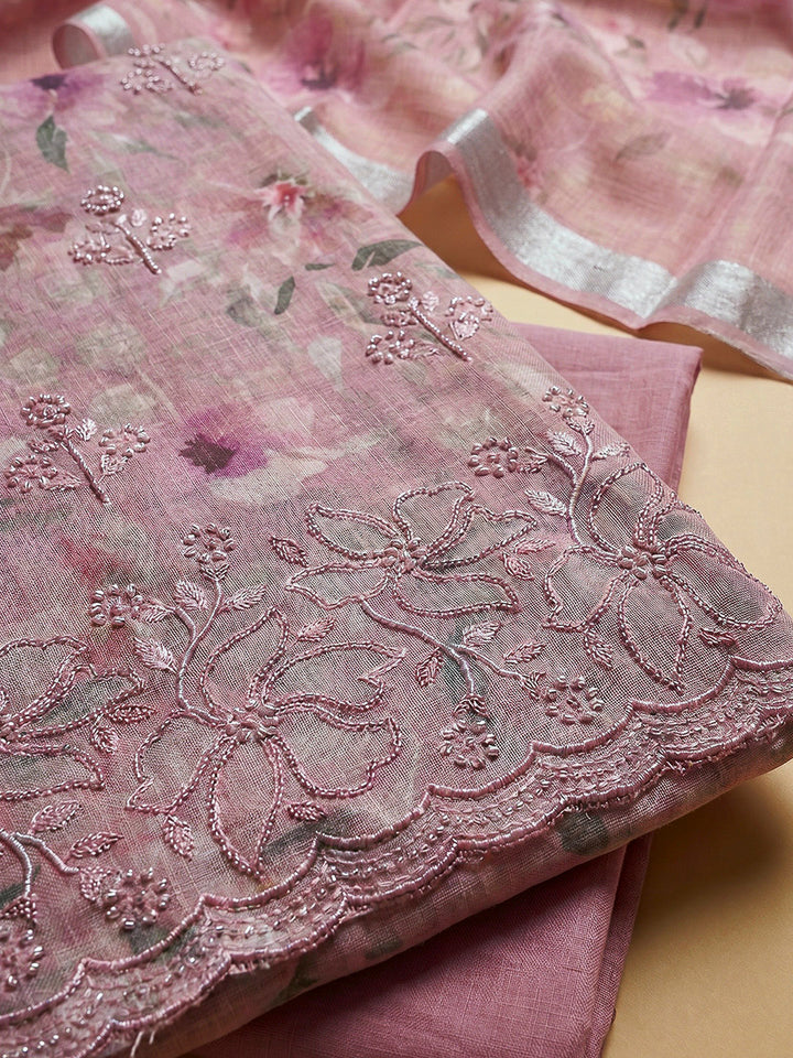 Onion Pink Linen Blend Printed Unstitched Dress Material