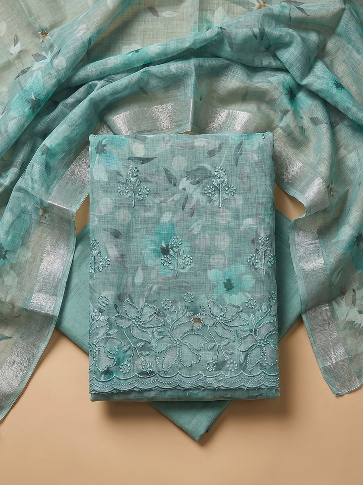 Sea Green Linen Blend Printed Unstitched Dress Material