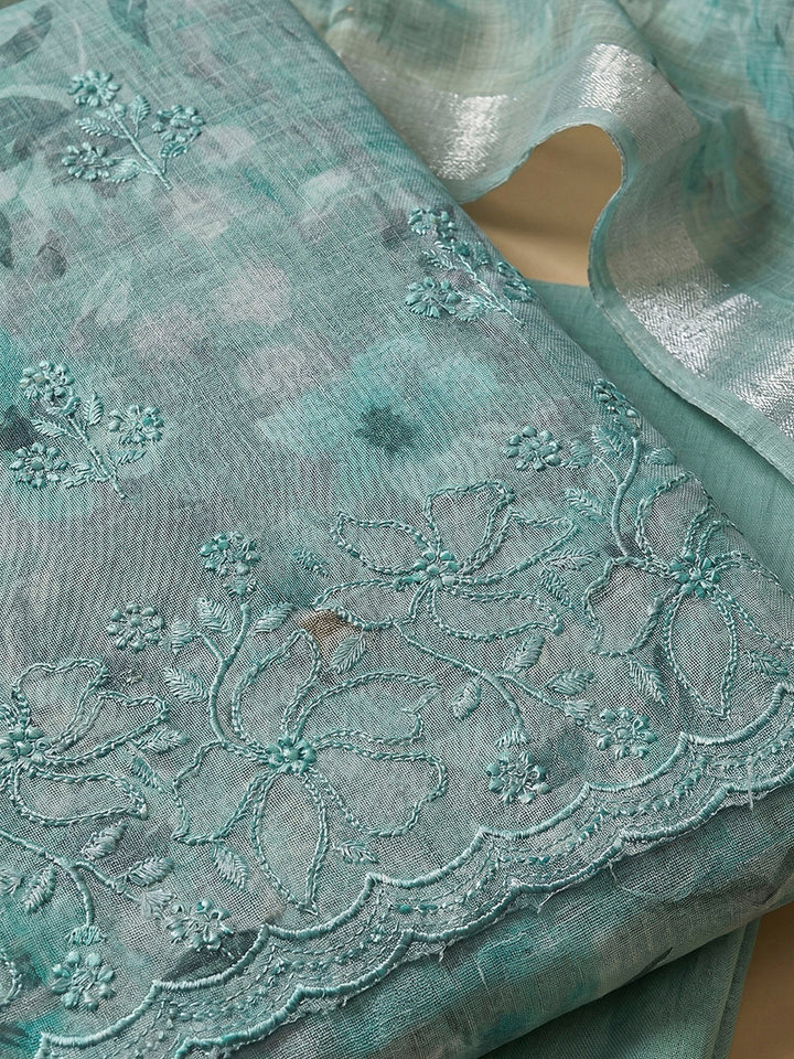 Sea Green Linen Blend Printed Unstitched Dress Material