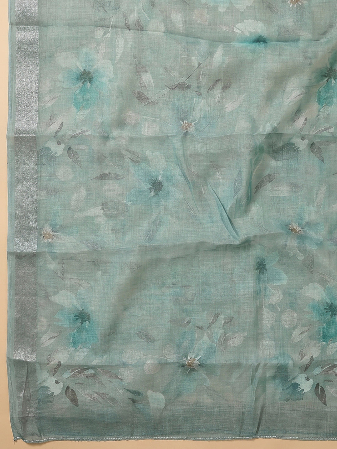 Sea Green Linen Blend Printed Unstitched Dress Material