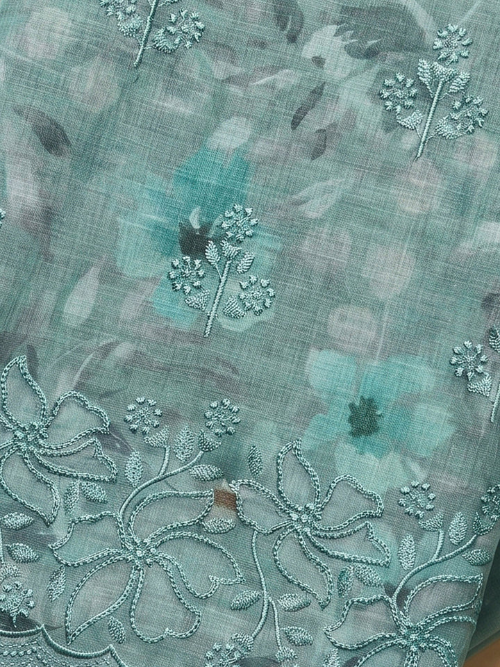 Sea Green Linen Blend Printed Unstitched Dress Material
