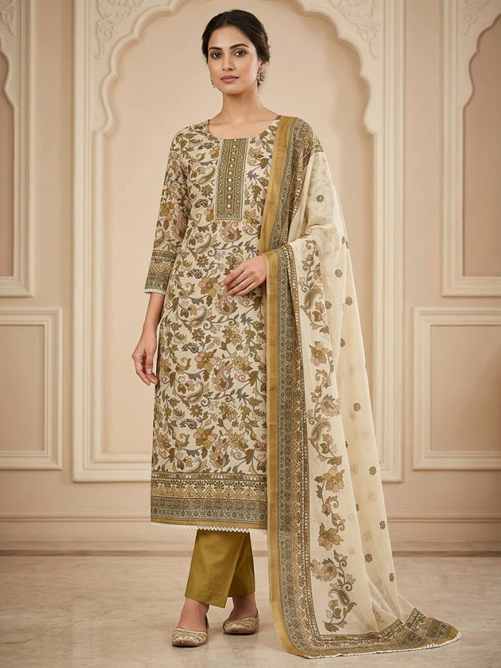 Beige Chanderi Printed Unstitched Dress Material