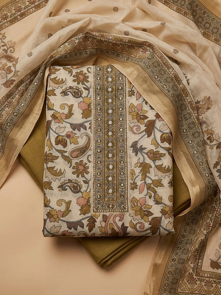 Beige Chanderi Printed Unstitched Dress Material