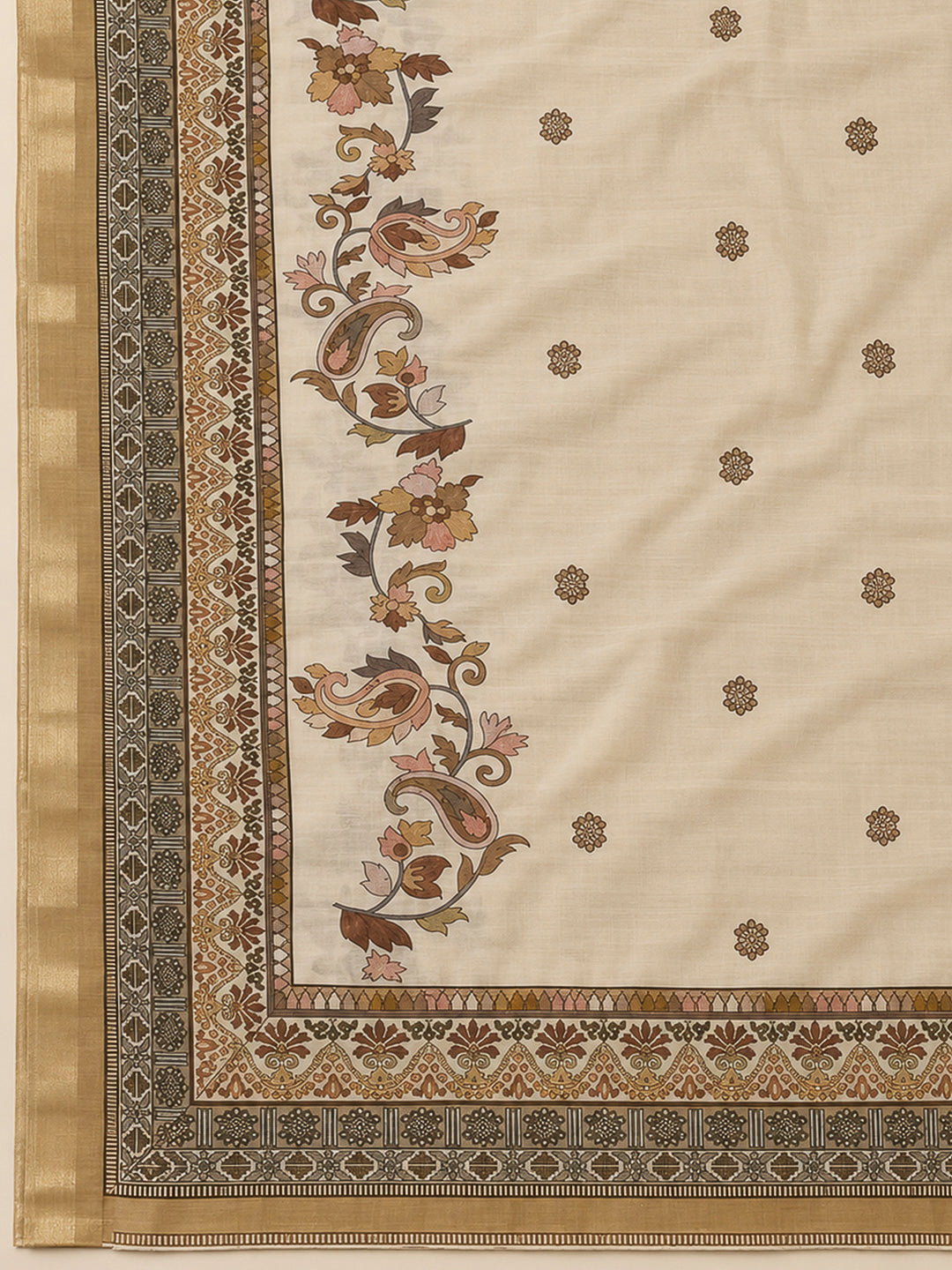 Beige Chanderi Printed Unstitched Dress Material