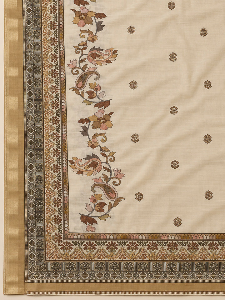 Beige Chanderi Printed Unstitched Dress Material