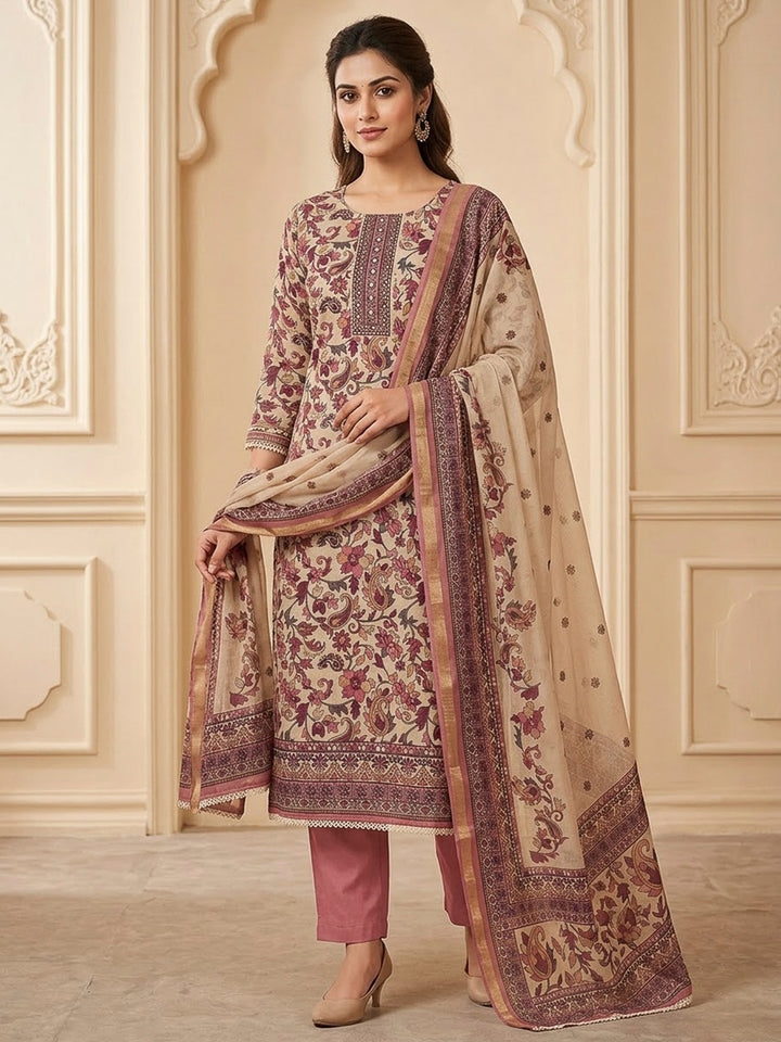 Onion Pink Chanderi Printed Unstitched Dress Material