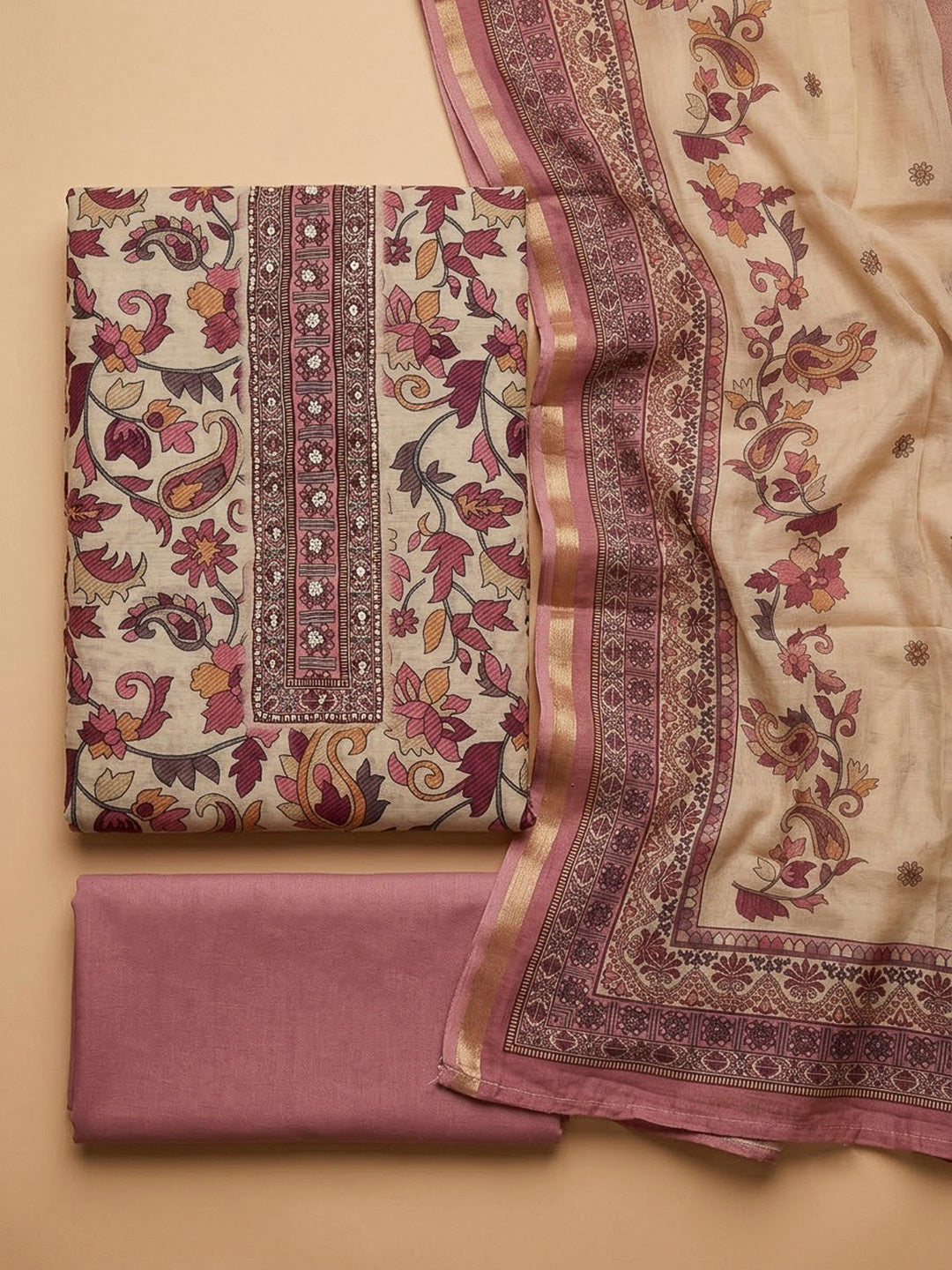 Onion Pink Chanderi Printed Unstitched Dress Material