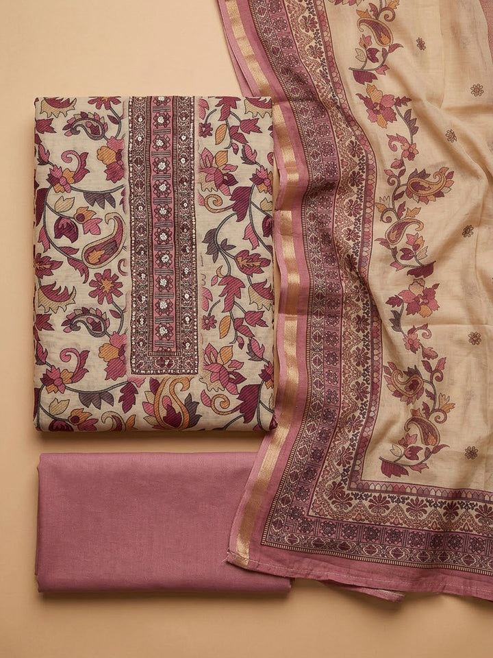 Onion Pink Chanderi Printed Unstitched Dress Material
