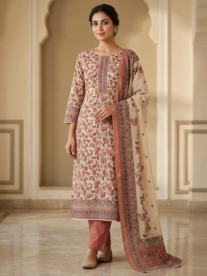Peach Chanderi Printed Unstitched Dress Material