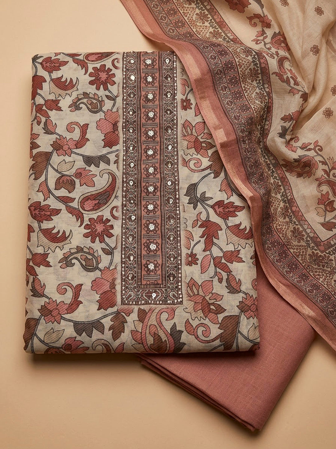 Peach Chanderi Printed Unstitched Dress Material