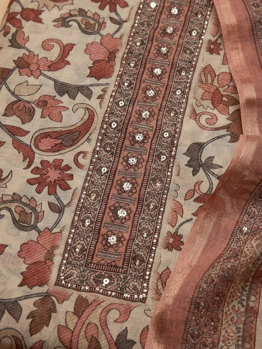 Peach Chanderi Printed Unstitched Dress Material