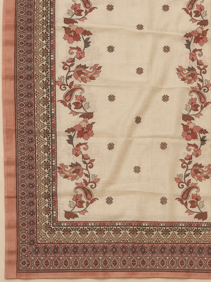 Peach Chanderi Printed Unstitched Dress Material